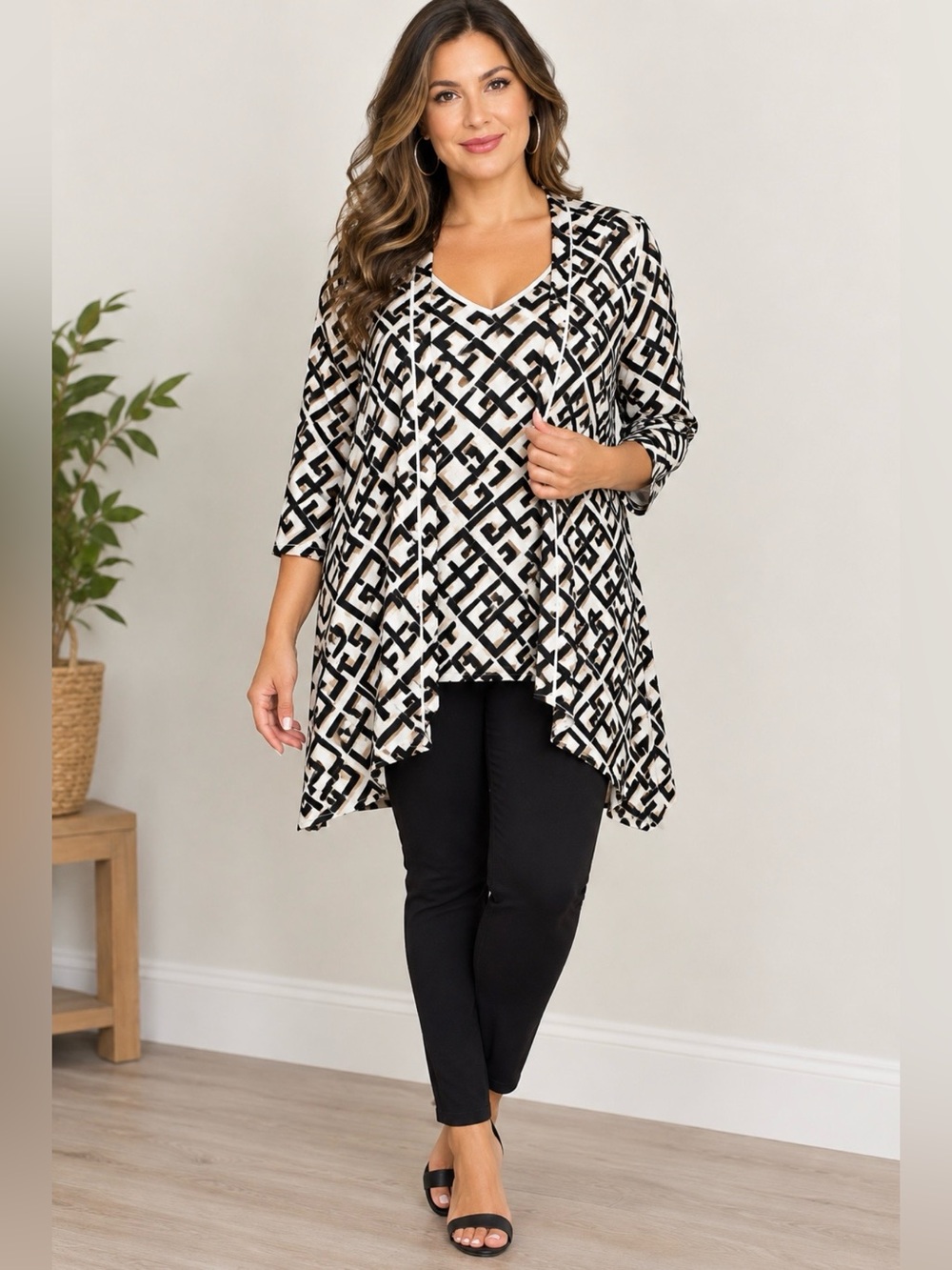 Chico’s Knit Geometric 2PC Set Cardigan Tank Black Ivory Women XL